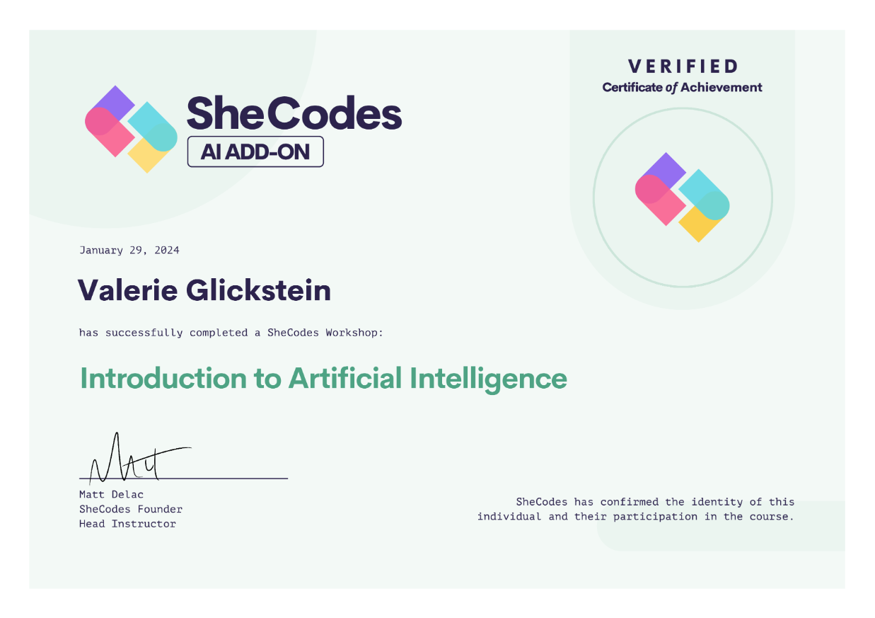 SheCodes Intro to AI Certificate